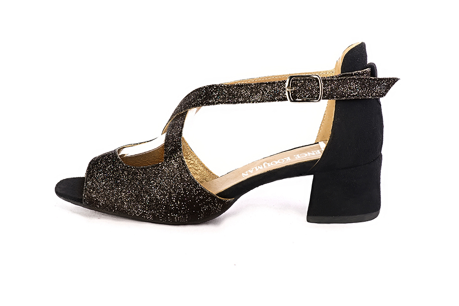 Dress sandals closed back crossed straps in gloss black and matt black with low flare heels and round toe - Profile view